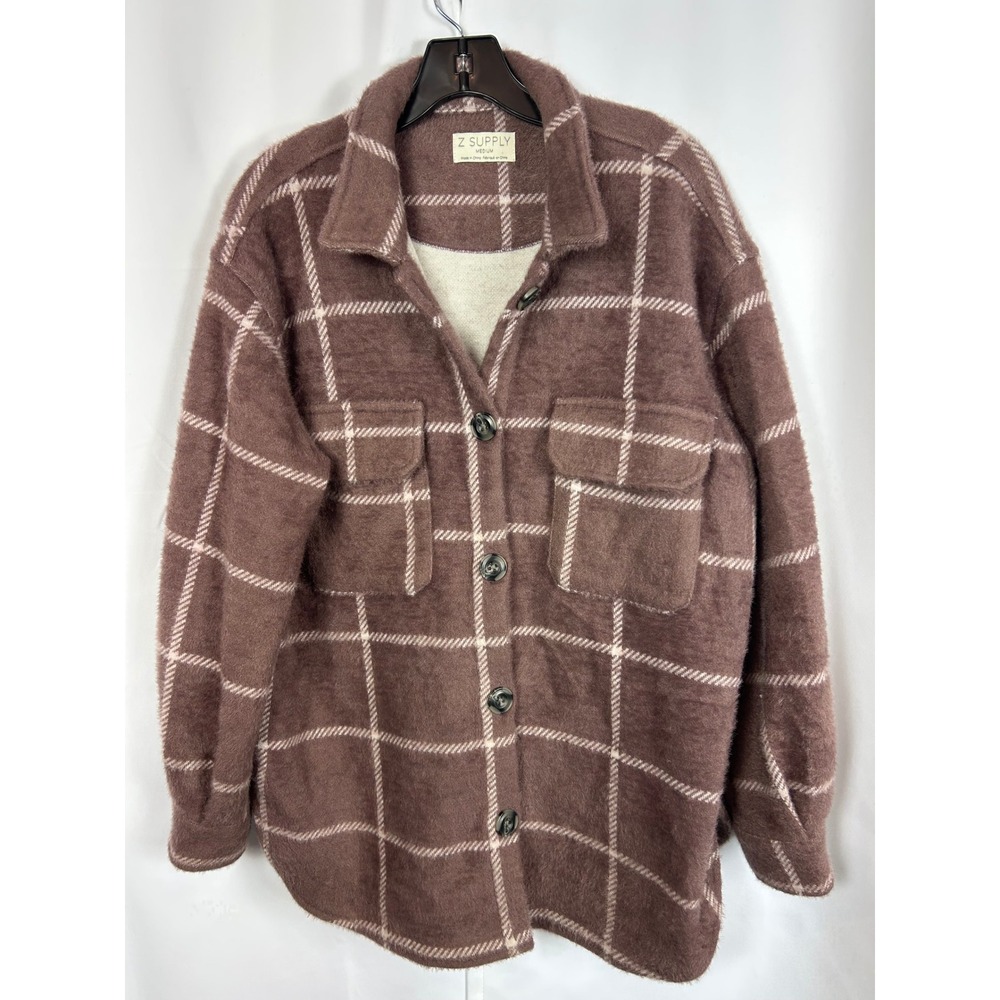 Z Supply Brown Plaid Windowpane Fuzzy Button Up Shacket Shirt Jacket Medium